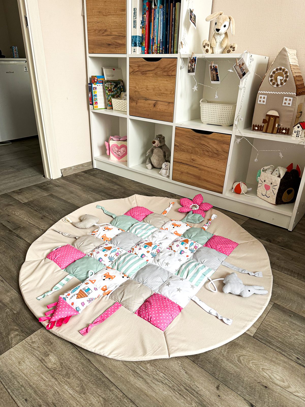 Handmade square baby play mat with sensory details and crinkle features